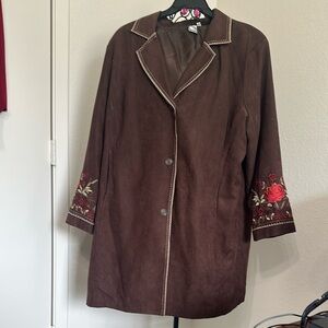 Brown Corduroy Blazer with Red Floral Embroidery